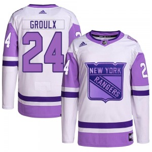 Youth Bo Groulx New York Rangers Adidas Authentic White/Purple Hockey Fights Cancer Primegreen Jersey