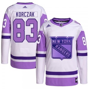 Youth Ryder Korczak New York Rangers Adidas Authentic White/Purple Hockey Fights Cancer Primegreen Jersey